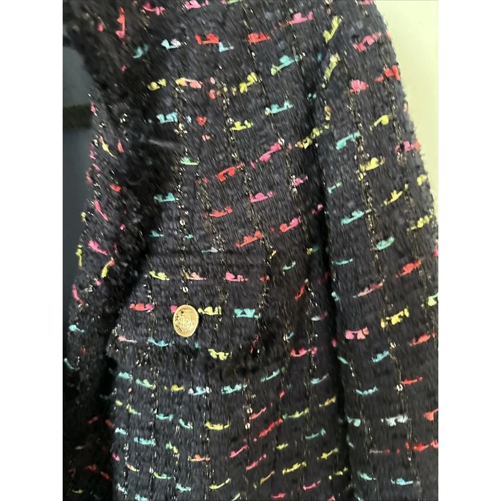 Talbots Sz 10 NAVY TWEED Rainbow Open Jacket Blazer Heavy Gold Career Dress‎